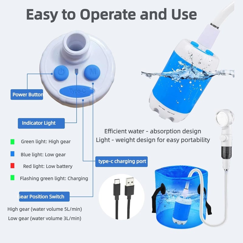 Silanit Portable Shower for Camping, Rechargeable Portable Camping Shower Pump with USB-C, Camp Shower with 3 Spray Modes, Outdoor Shower Kit for Camping, RV, Travel, Pet Bath, Watering Plants (+ Mesh Bag) - Image 3